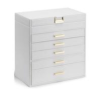 Vlando Grande boîte à bijoux à 6 niveaux, organiseur de bijoux avec tiroir pour colliers, bagues, bracelets et montres, cadeau d’anniversaire pour vos proches, blanc