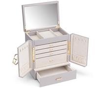 Vlando Grande boîte à bijoux à 6 niveaux - Rangement de bijoux français - Grand format XXL - Avec miroir, tiroirs, pour femme, boucles d'oreilles, colliers, montres, gris