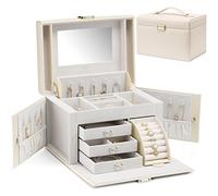 Vlando Grande boîte à bijoux baroque avec miroir, tiroirs pour bracelets, boucles d'oreilles, bagues, colliers, cadeau de fête des mères pour un être cher, blanc abricot