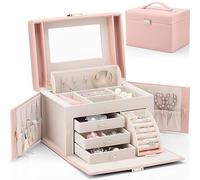 Vlando Grande boîte à bijoux baroque pour filles et femmes avec miroir, 3 tiroirs pour bracelets, boucles d'oreilles, bagues, colliers, pour fête des mères/être cher, rose