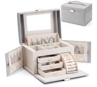 Vlando Grande boîte à bijoux baroque pour filles et femmes avec miroir, 3 tiroirs pour bracelets, boucles d'oreilles, bagues, colliers, cadeau de fête des mères/pour être cher, gris