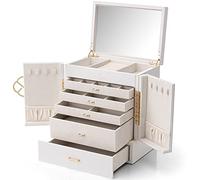 Vlando Grande boîte à bijoux, organisateur de bijoux à 5 couches avec plateau amovible pour colliers, boucles d'oreilles, bagues, bracelets, vitrine de rangement de bijoux pour femme, cadeau pour