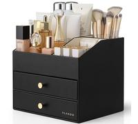VLANDO Organiseur de maquillage pour coiffeuse, organisateur de comptoir de grande capacité avec tiroirs, étui de présentation en cuir PU pour rouge à lèvres, brosses, soins de la peau, rangement pour