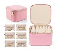 Vlando Petite boîte à bijoux de voyage - 6 petites pochettes zippées pour bijoux, colliers, bagues, boucles d'oreilles, colliers, tri de rangement, rose fraise