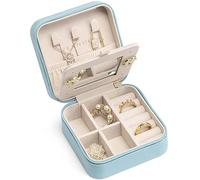 Vlando Petite boîte à bijoux de voyage - Présentoir pour filles et femmes - Cadeau pour bagues, boucles d'oreilles, colliers avec miroir bleu