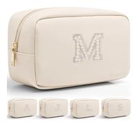 Vlando Petite trousse de maquillage monogrammée pour demoiselle d'honneur, fiançailles, cadeau d'anniversaire pour femme, voyageur, grand-mère, taille M, blanc, M