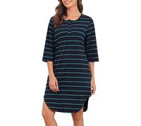 Vlazom Chemise de Nuit Femme Rayée, 3/4 Manches Longues en Coton, Boutonnée Devant, Doux Tee Shirt de Nuit, L, Bleu Marine/Vert