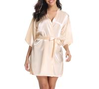 Vlazom Kimono Femme Satin Mariage Bridesmaid Peignoir Manche Courte Peignoir Robe de Soirée de Mariage,Beige,L