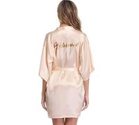 Vlazom Kimono Femme Satin Peignoir de Bridesmaid Robes de Chambre Demoiselle D'Honneur Court avec Ceinture，B Champagne/Bridesmaid，XL