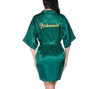 Vlazom Kimono Femme Satin Peignoir de Bridesmaid Robes de Chambre Demoiselle D'Honneur Court avec Ceinture，B Vert Foncé/Bridesmaid，XL