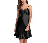 Vlazom Nuisette Femme Sexy Satin Chemise de Nuit Courte Bretelles Reglables Robe de Nuit,L, Style A-Noir