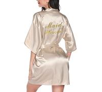 Vlazom Peignoir Femme Kimono de Mariée Satin Robes de Chambre Peignoir de Bridesmaid Demoiselle D'Honneur avec Ceinture，Champagne Foncé(Maid Of Honor)，S