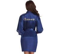 Vlazom Peignoir Satin Femme Robes de Chambre et Kimonos de Mariée Robes de Chambre Soie Court Kimono Col V avec Ceinture,Bleu Foncé For Bridesmaid,M