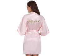 Vlazom Peignoir Satin Femme Robes de Chambre et Kimonos de Mariée Robes de Chambre Soie Court Kimono Col V avec Ceinture,Rose For Bridesmaid,M