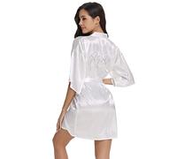 Vlazom Peignoir Satin Femme Robes de Chambre et Kimonos de Mariée Robes de Chambre Soie Court Kimono Col V avec Ceinture,Blanc For Bride (de Retour Dans les Strass),M