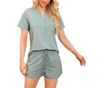 Vlazom Pyjamas Femmes Manches Courtes Short Ensemble de Pyjama Bouton VêTements de Nuit 2 Pièces，Vert Clair，XL
