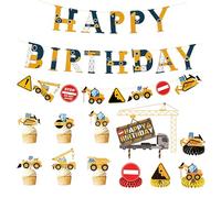 Vlecexs Construction Véhicule Decoration Chantier Set Enfants Joyeux Anniversaire Excavatrice Chantier Construction Thème Chantier Bannière Gâteau Decoration Cake Set Garçon Kit de Fête