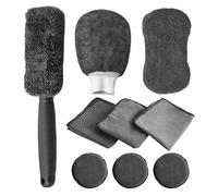 Vlecexs Kit Nettoyage Voiture, 9 Pièces Kit d'entretien de Voiture pour L'intérieur et L'extérieur, Incluant Brosse Pneus, Tampons Polissage, Éponge, Chiffons Multi-Usages, Brosse Douce Intérieur