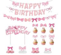 Vlecexs Pink Bow Fête Anniversaire Décoration Ensemble Enfants Filles Jeunes Femmes Support à Gâteau Petits Gâteaux Modèle Décorations Bannière avec Nœud Guirlande Suspendue Décoration Rose Fête