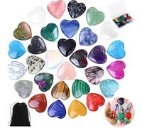Vleuexe 30 Pièces Cristal en Forme Coeur,Naturel Multicolores en forme de Cœur,Pierres précieuses de guérison,Pierre de Cœur pour thérapie cristal,Méditation et Décoration de Pendentifs,sac de velour