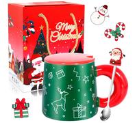 Vleuexe Mug Noel avec Cuillère,Tasse à café en Céramique,Tasse de Noel,Mugs et Tasses à Café,Tasse avec Rouge Couvercle,Design de Noël Moderne,Idée Cadeau Anniversaire ou Noël,Tasse Noel 400 ml Vert