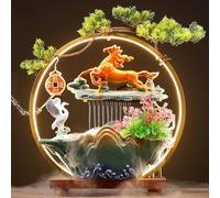 VLFLG Fontaine à eau d'intérieur avec lumière LED - Fontaine de bureau pour méditation avec brume - Fontaine japonaise avec fausses plantes Feng Shui, décoration d'intérieur pour le bureau, la chance