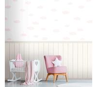 Vlies-Motivtapete Avec Holz-Optik-Sockelborte Et Wolken-Muster - Blanc, Rose,