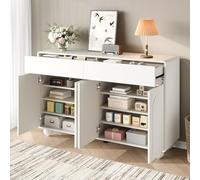 VLIVRA Buffet avec deux tiroirs et quatre portes, commode design de porte incurvée avec pieds ronds en métal, beaucoup d'espace de rangement, blanc