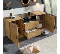 VLIVRA Buffet avec étagères intérieures réglables en hauteur, vitrine avec 2 tiroirs, aspect chêne, armoire d'appoint avec portes à charnières, H 70 x l 140 x P 40 cm