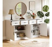 VLIVRA Buffet Commode 4 tiroirs et 4 portes Armoire de rangement avec poignées en métal et 2 étagères Design cannelé Armoire de salon Beaucoup d'espace de rangement Blanc