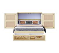 VLIVRA Lit escamotable Lit Double, rangement avec tiroirs et portes à ouverture 270°, 140×200 cm, sans matelas, en Bois Naturel