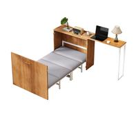 VLIVRA Lit escamotable, Lit Simple, Bureau Pivotant et Roulettes, 90×200 cm, Matelas Inclus, Métal et Bois, Naturel