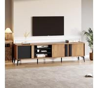 VLIVRA Meuble TV bas pour téléviseurs jusqu'à 80" avec porte et compartiment ouvert, noir et marron