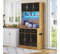 VLIVRA Vitrine 100 x 40 x 180 cm, buffet multifonction, LED avec télécommande, 3 tiroirs, étagères réglables, trous de guidage des câbles/prises, idéale pour la cuisine/la salle à manger, naturel +