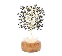 VLNET Arbre du bonheur et de la vie lumineuse | Base en bois d'acacia avec cristal de roche | Pierres naturelles tourmaline noire | Produit artisanal