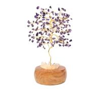 VLNET Arbre du bonheur et de la vie lumineuse | Base en bois d'acacia avec cristal de roche | Pierres naturelles améthyste | Produit artisanal