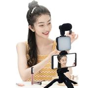 Vlogging Kit Smartphone - Microphone vidéo portable Trépied léger, Mini équipement de studio Création de contenu mobile | Support réglable LED Lumière de remplissage pour l'enregistrement en streaming