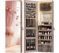 Vlsrka LED Armoire à bijoux avec Miroir, Mural/Porte Armoire à bijoux avec 3 Lumières, Miroir pleine longueur avec bijoux rangement Verrouillable, Armoire bijoux miroir éclairé avec étagères, Bois
