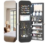 Vlsrka LED Armoire à bijoux avec Ovale Miroir, Mural/Porte Armoire à bijoux avec Lumières, Miroir pleine longueur d'angle rond avec bijoux rangement Verrouillable, miroir bijoux Suspendue, Noir