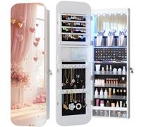 Vlsrka LED Armoire à bijoux avec Ovale Miroir, Mural/Porte Armoire à bijoux avec Lumières, Miroir pleine longueur d'angle rond avec bijoux rangement Verrouillable, miroir bijoux Suspendue, Blanc