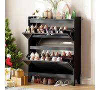 Vlsrka Meuble Chaussure avec Miroir, Rangement Chaussure avec 2 Abattants | Meuble à Chaussures étroit, 16 Paires de Chaussures, Étagère de Rangement Modulable étagère Amovible pour Entrée, Noir