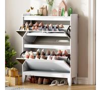 Vlsrka Meuble Chaussure avec Miroir, Rangement Chaussure avec 2 Abattants | Meuble à Chaussures étroit, 16 Paires de Chaussures, Étagère de Rangement Modulable étagère Amovible pour Entrée, Blanc