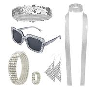 VLYX Déguisement Disco Années 70 pour Femme - Ensemble de 6 Pièces avec Lunettes Carrées, Foulard à Paillettes, Serre-Tête, Boucles d'Oreilles, Bracelet et Bague en Diamant Scintillant - Argent