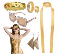 VLYX Déguisement Disco Années 70 pour Femme - Ensemble de 6 Pièces avec Lunettes Carrées, Foulard à Paillettes, Serre-Tête, Boucles d'Oreilles, Bracelet et Bague en Diamant Scintillant - Doré