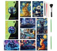 VLYX Kit de dessin arc-en-ciel à gratter, ensemble de 8 blocs avec outils de stylet, motifs d'animaux et de motos, fournitures artistiques pour enfants et adultes