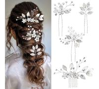 VLYX Lot de 4 barrettes pour mariée avec peigne floral - Bijou ajustable en cristal avec perles et feuilles, épingles à cheveux pour mariage, chignons, soirées (Argent)
