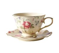 VMAPJIZA Tasses à thé et soucoupes, tasses à thé et soucoupes vintage en céramique avec soucoupe, tasse à fleur de rose et soucoupe avec bordure en feuilles dorées, ensemble de tasses à thé, pour