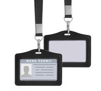 Vmoomax Lot de 2 porte-badges d'identification transparents double face avec cordon, porte-cartes horizontaux en cuir synthétique avec fenêtres transparentes pour carte de travail, cartes de voyage