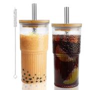 VMUTGA 2 Verres de 600 ml Avec Couvercles en Bois, Mug en Verre Rayé Transparent, Tasses à Café Réutilisables, Verres Avec Pailles pour Jus, thé Noir, Lait, Limonade, Whisky