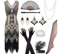 Vmxlso Robe Annee 20, Femme, Noir, Taille Unique, Motif à Paillettes, Accessoires Authentiques des Années 1920, Fête à Thème, Halloween, Nouvel An, Noël, Anniversaire, Danse